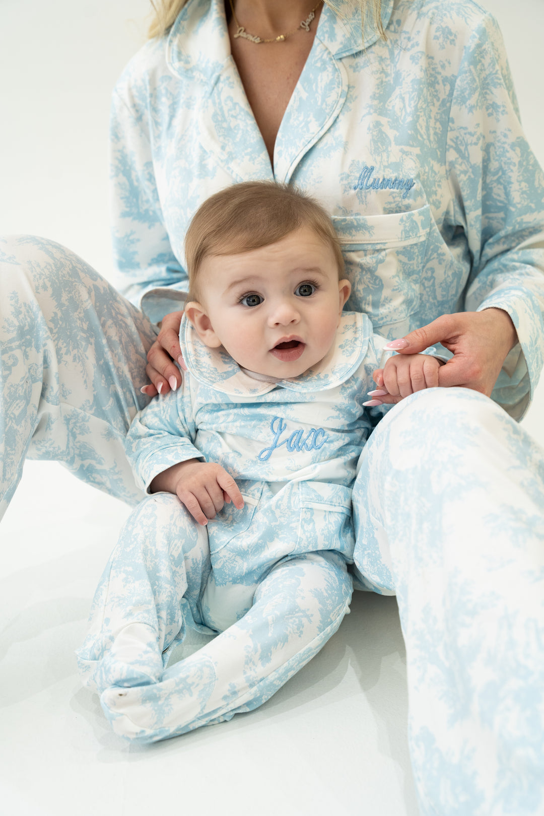 Baby Personalised Blue Toile De Jouy Luxury Jersey Babygrow