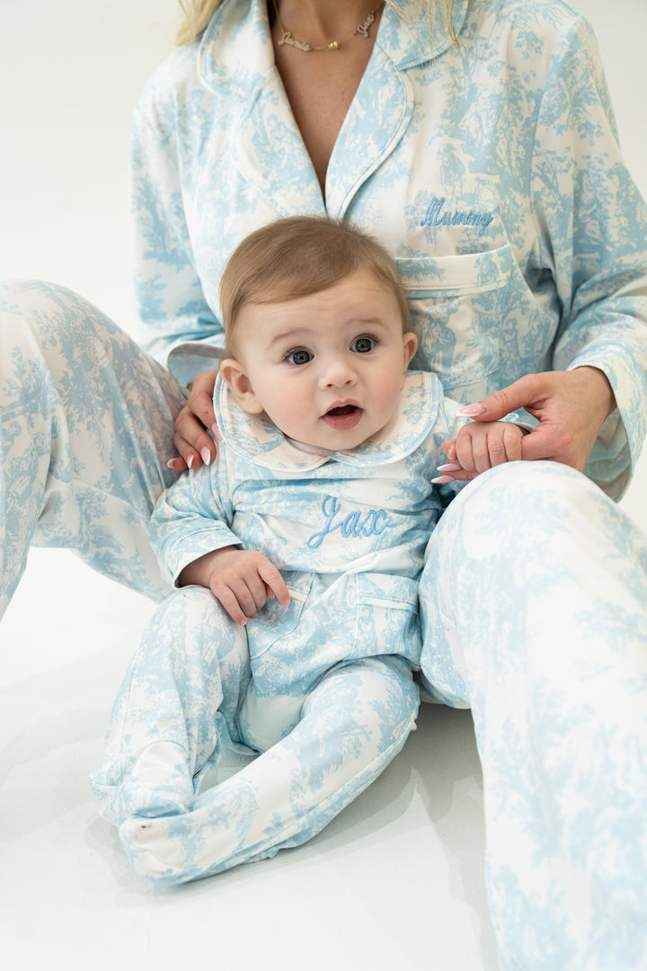 Baby Personalised Blue Toile De Jouy Luxury Jersey Babygrow