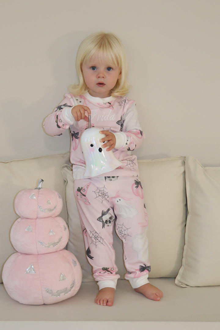 Girls Pink Halloween Ribbed Modal Pyjama set