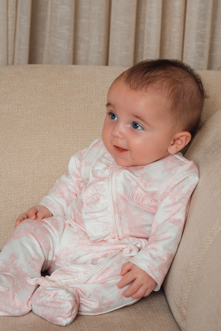 Baby Personalised Pink Toile De Jouy Zip Frill Babygrow