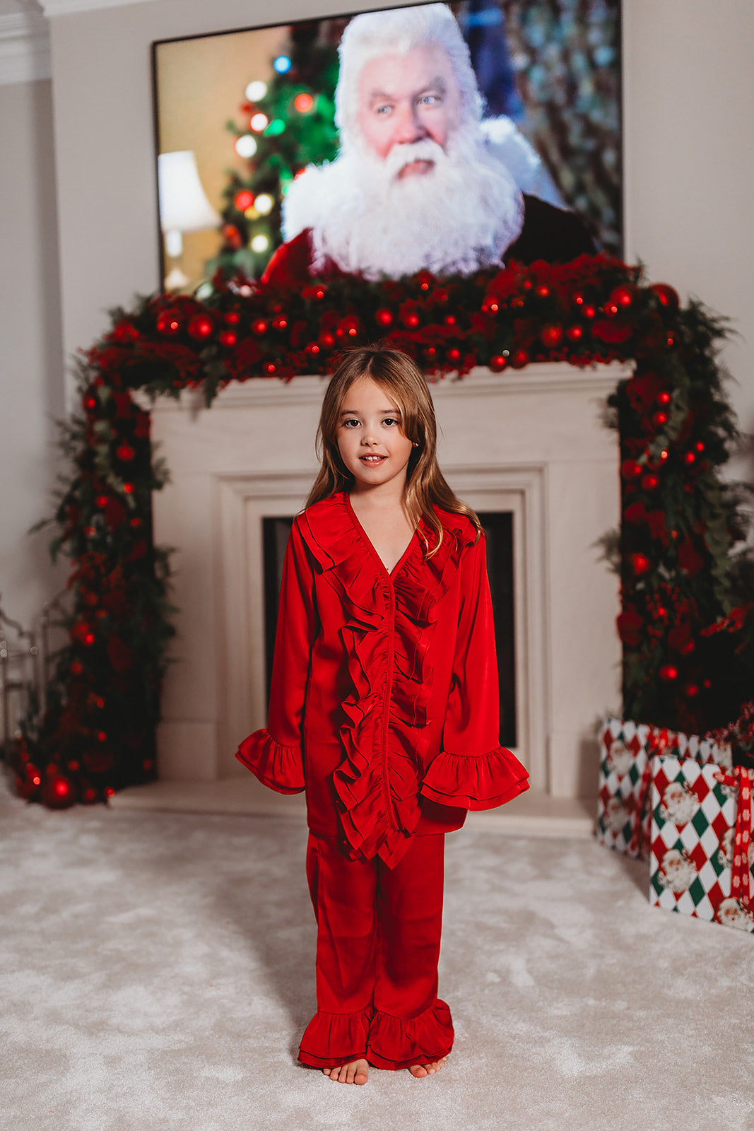 Girls Red Luxe Satin Frill Trouser Set