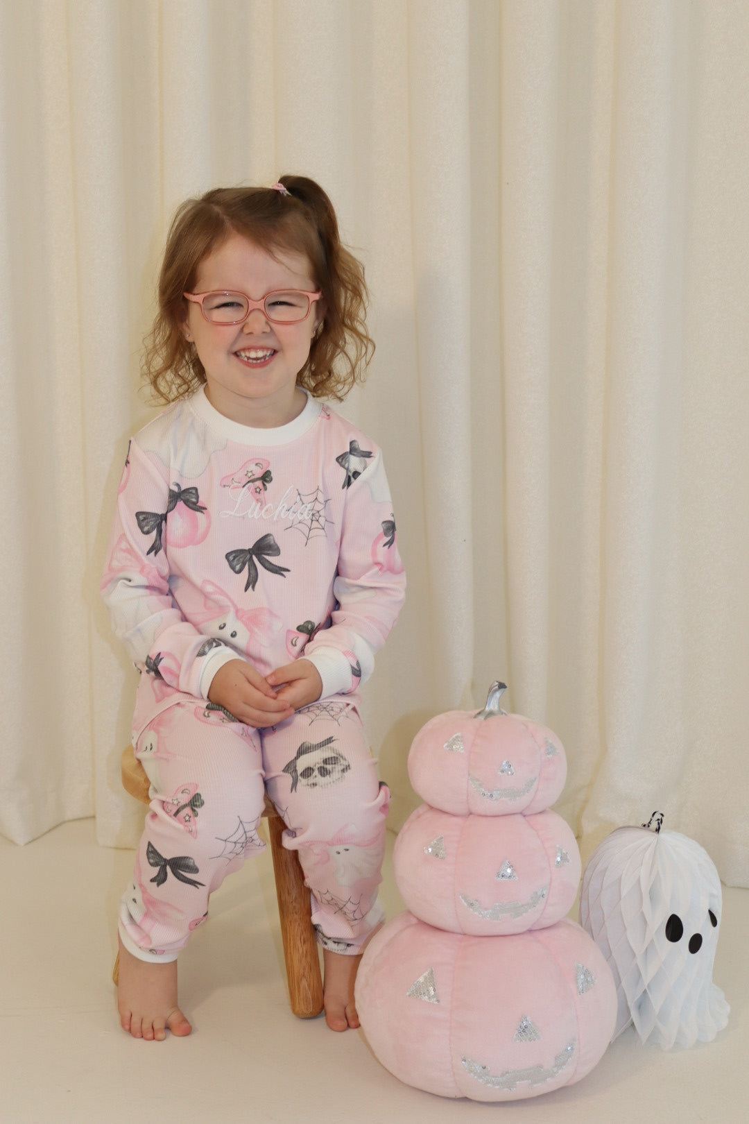 Girls Pink Halloween Ribbed Modal Pyjama set
