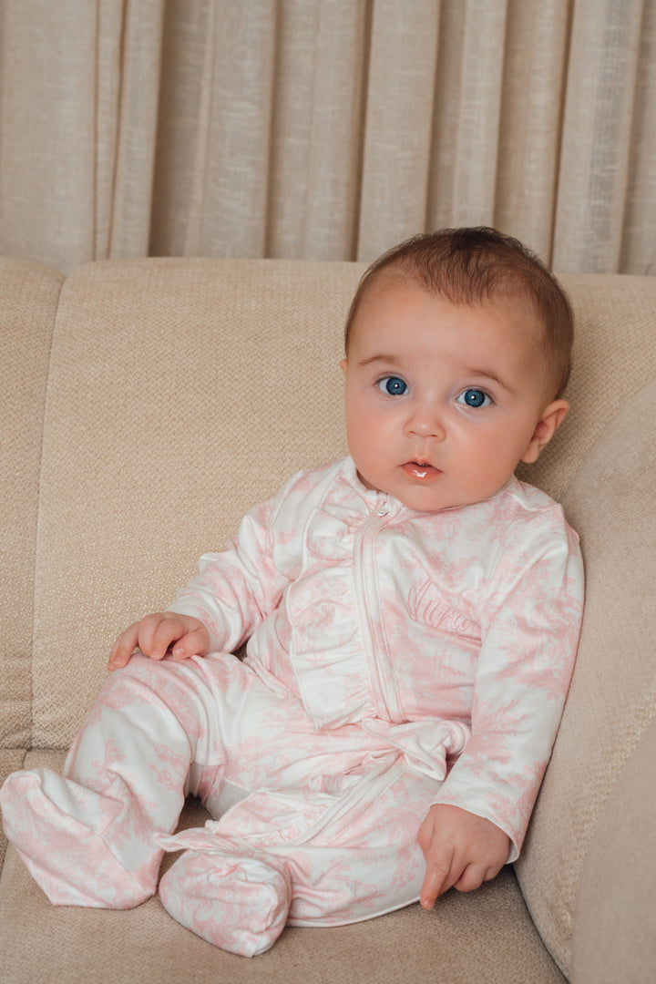 Baby Personalised Pink Toile De Jouy Zip Frill Babygrow