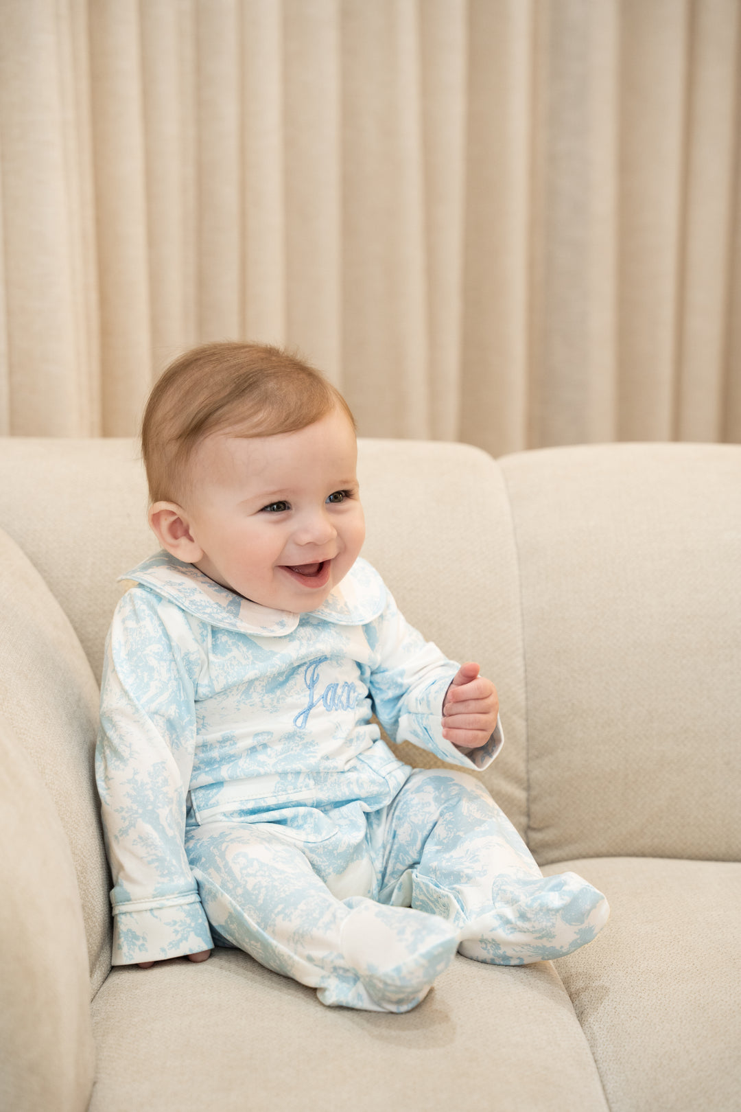 Baby Personalised Blue Toile De Jouy Luxury Jersey Babygrow
