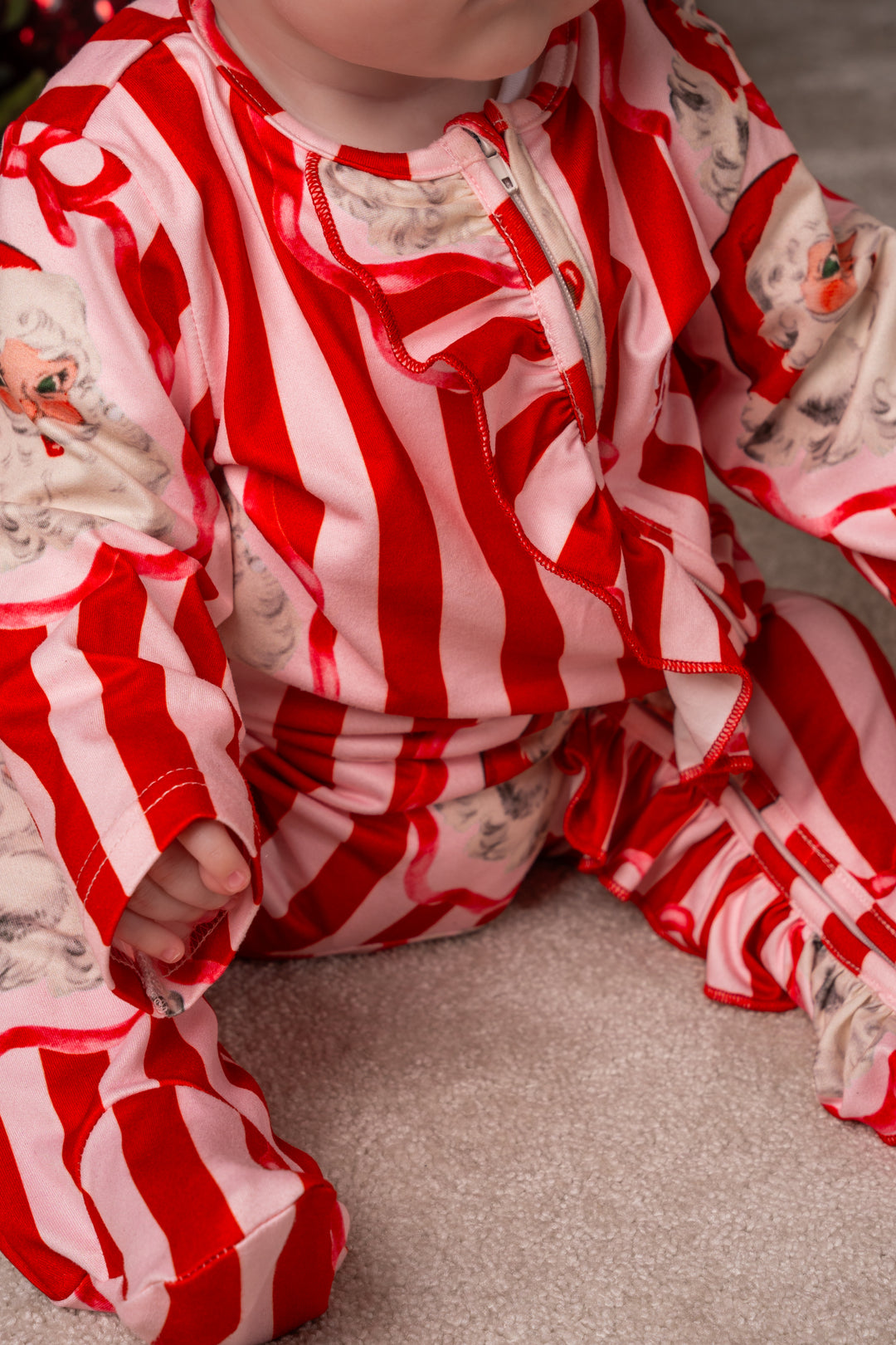 Baby Girl Bow Santa Stripe Jersey Zip Sleepsuit
