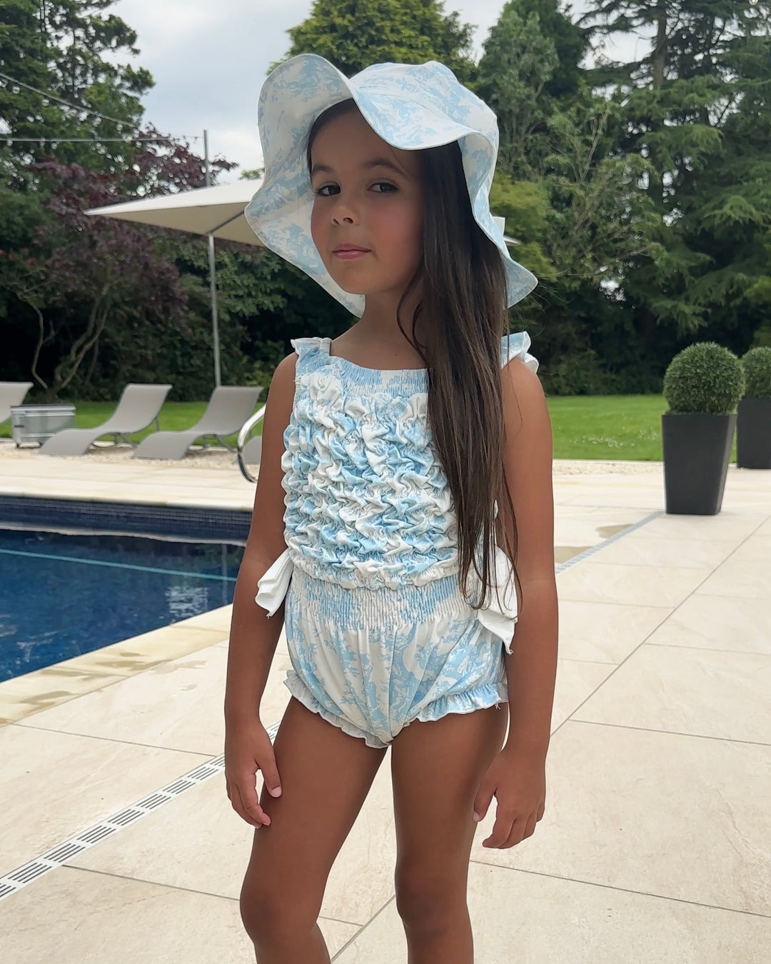 Girls Blue Toile De Jouy Swimsuit