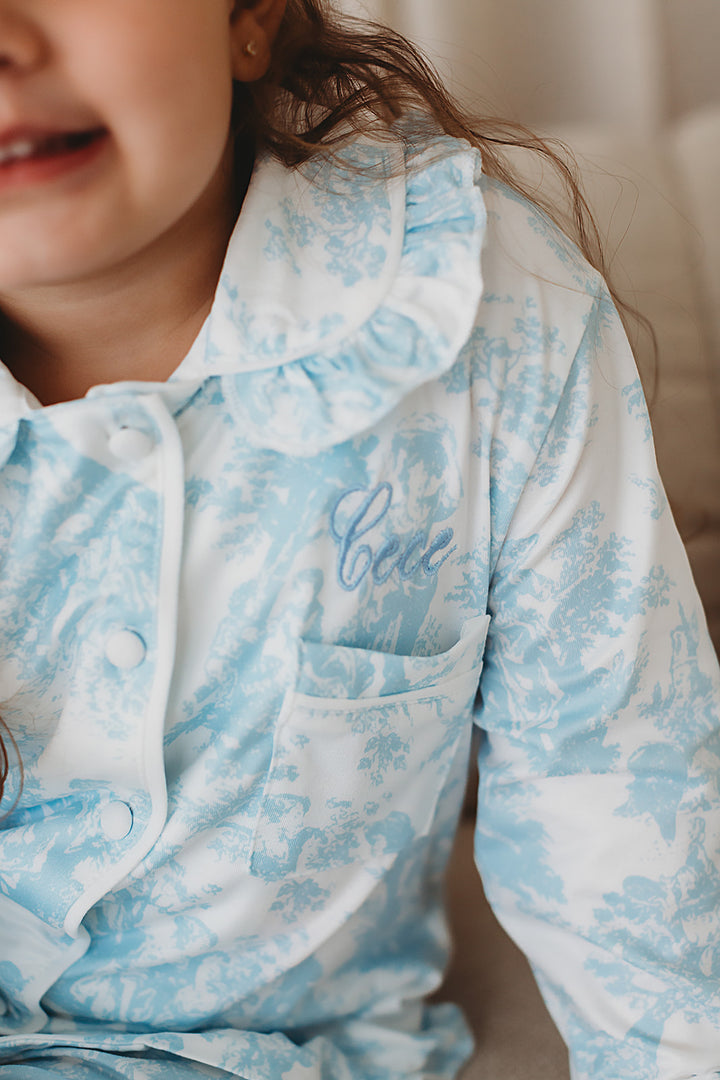 Girls Personalised Blue Toile De Jouy Luxury Jersey Pants set