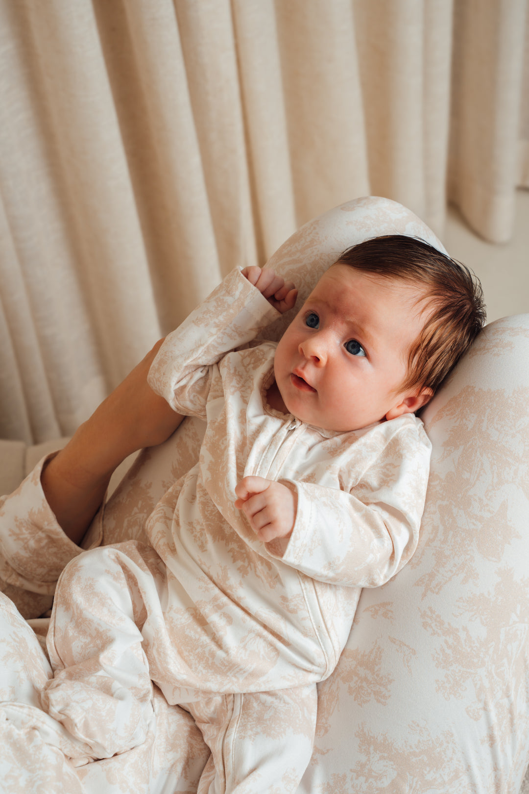 Baby Personalised Neutral Toile De Jouy Zip Babygrow