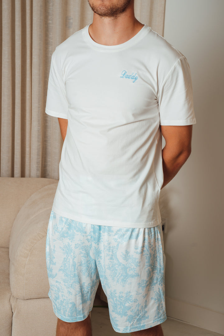 Mens Personalised Blue Toile de Jouy Luxury Jersey Shorts Set
