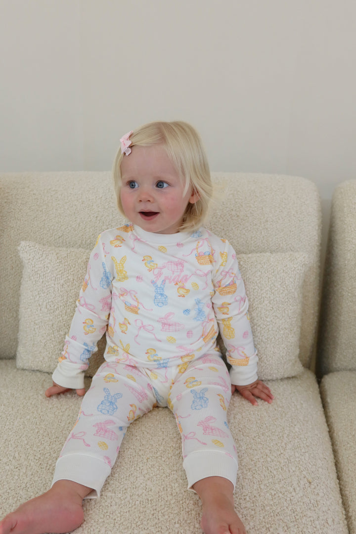 Girls Pink Easter Luxury Ribbed Modal Pyjama set