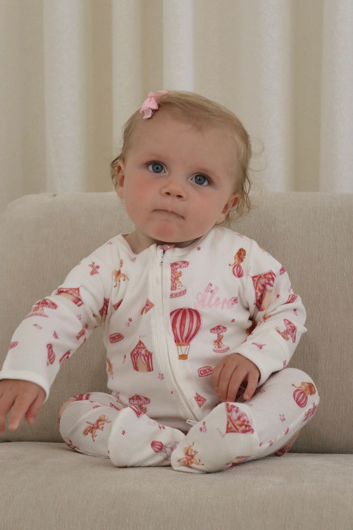 Baby Girl Personalised Pink Circus Luxury Ribbed Modal Babygrow