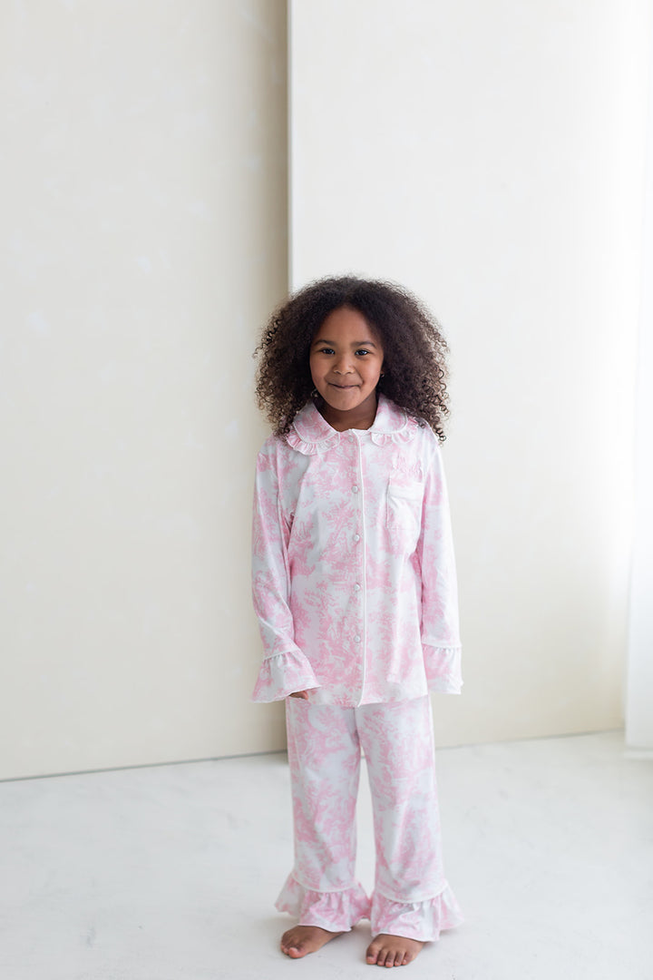 Girls Personalised Pink Toile De Jouy Luxury Jersey Pants set