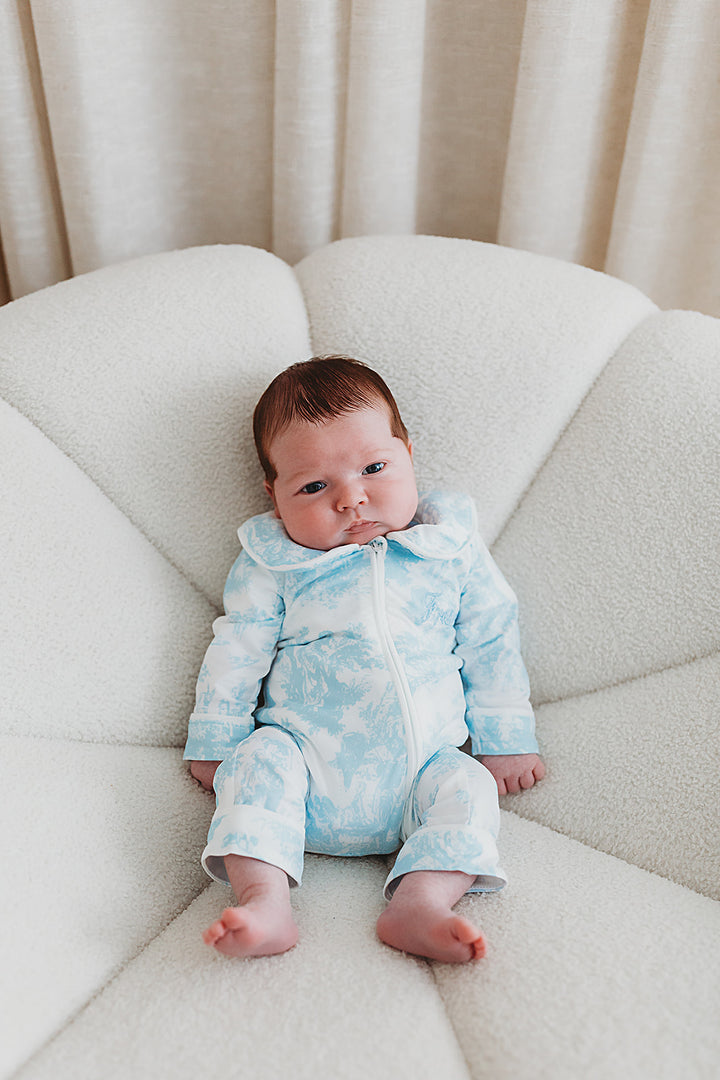 Baby Personalised Blue Toile De Jouy Luxury Jersey Zip Romper