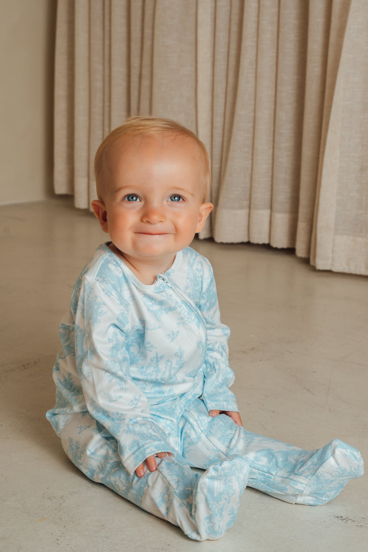 Baby Personalised Blue Toile De Jouy Zip Babygrow
