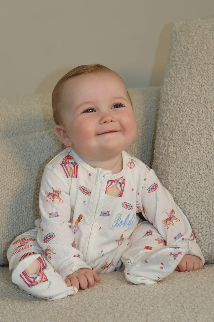 Baby Boy Personalised Blue Circus Luxury Ribbed Modal Babygrow