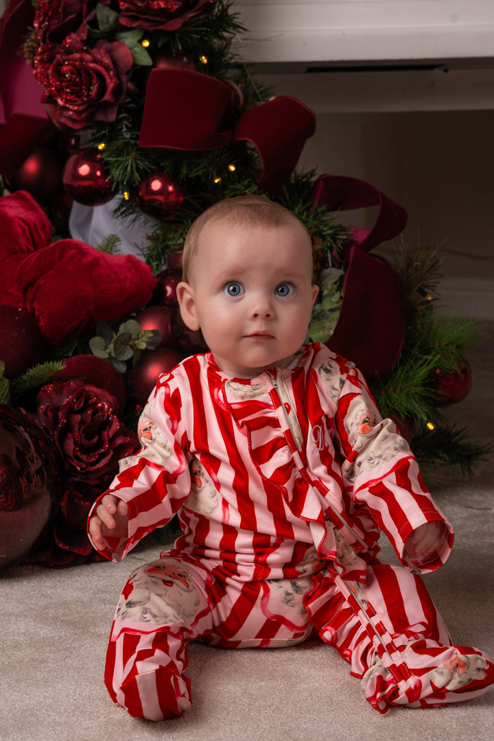 Baby Girl Bow Santa Stripe Jersey Zip Sleepsuit