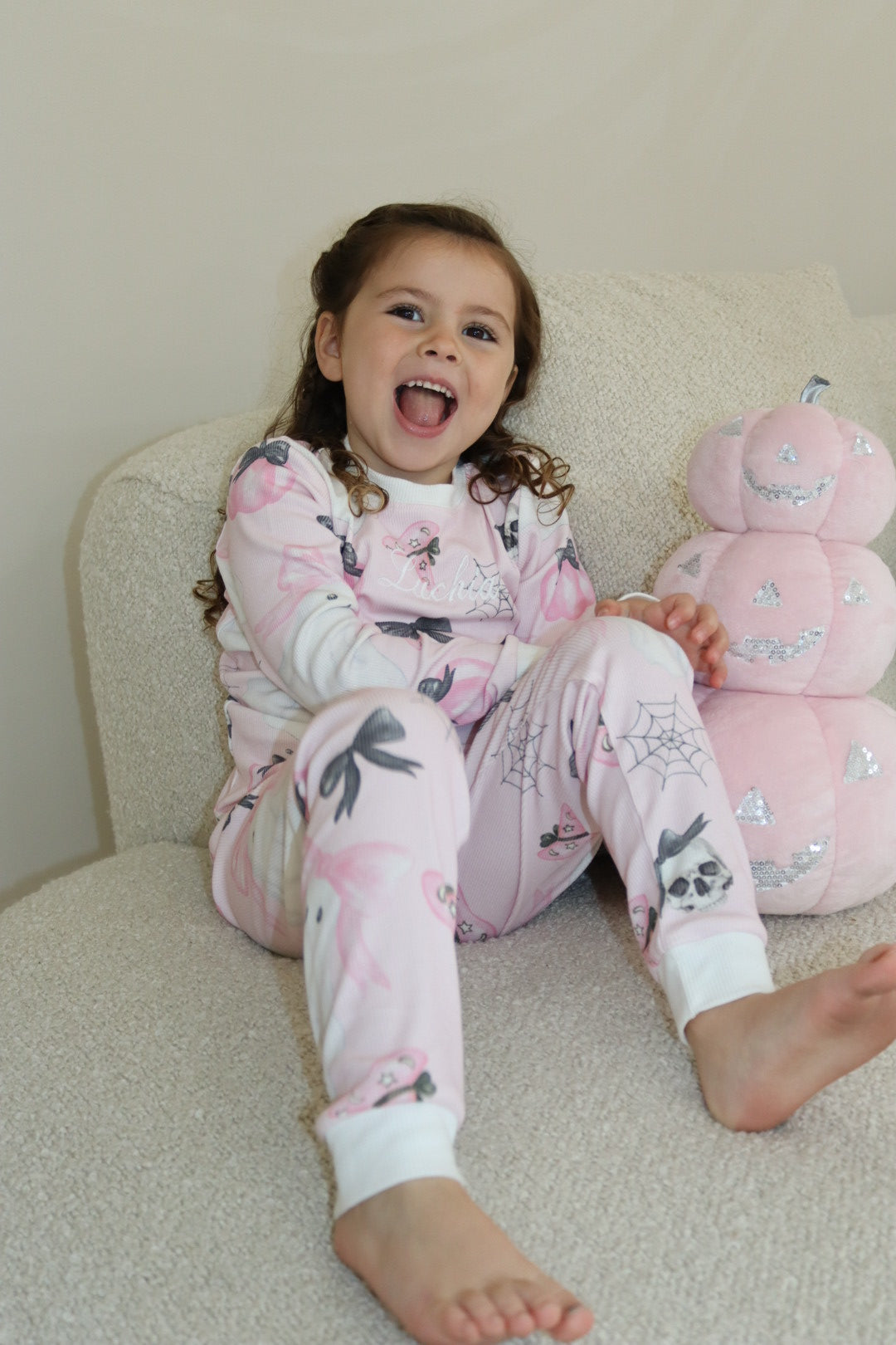 Girls Pink Halloween Ribbed Modal Pyjama set