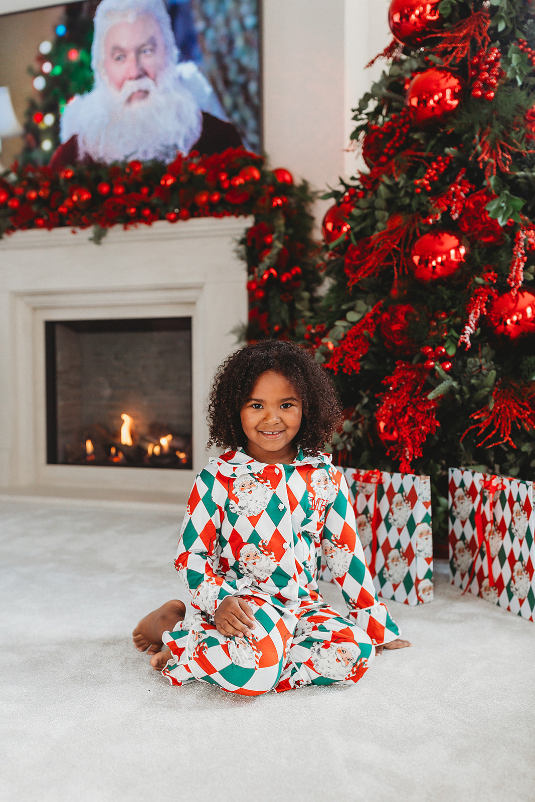 Girls Personalised Red and Green Santa Luxury Jersey Pants set