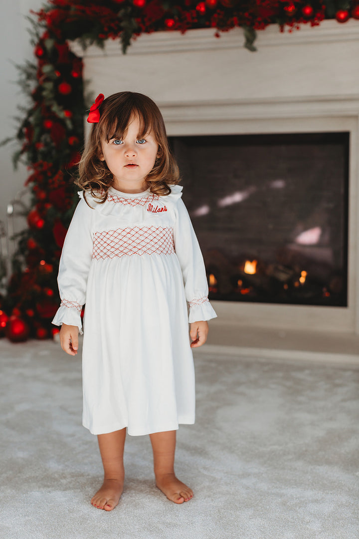Girls Hand Smocked Cotton Personalised Nightdress - White & Red