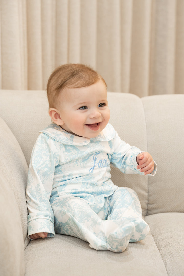 Baby Personalised Blue Toile De Jouy Luxury Jersey Babygrow