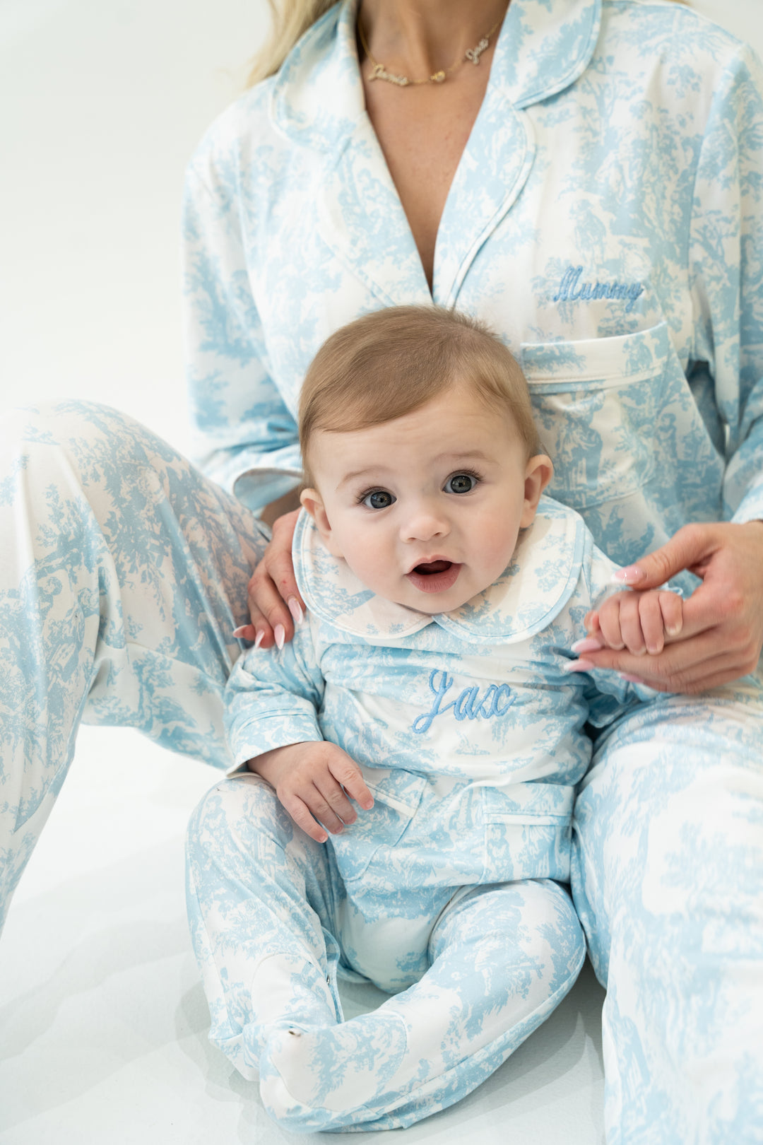 Baby Personalised Blue Toile De Jouy Luxury Jersey Babygrow