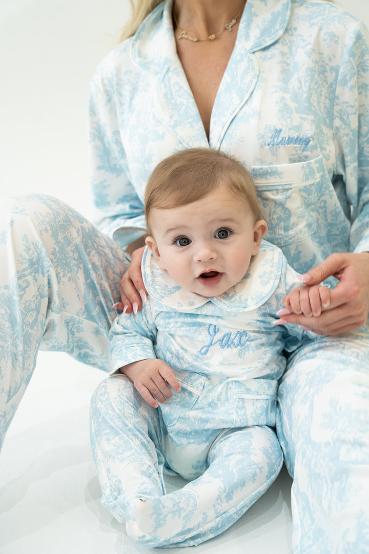 Baby Personalised Blue Toile De Jouy Luxury Jersey Babygrow