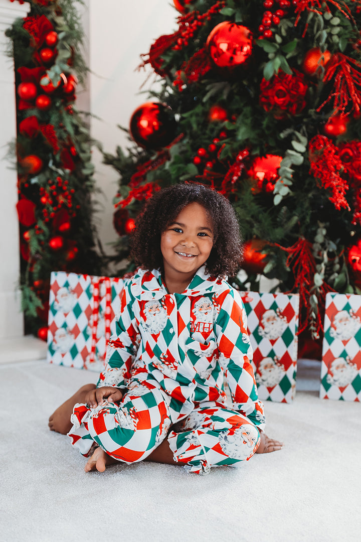 Girls Personalised Red and Green Santa Luxury Jersey Pants set