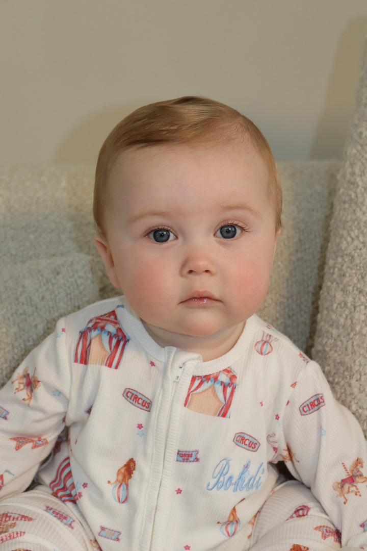 Baby Boy Personalised Blue Circus Luxury Ribbed Modal Babygrow