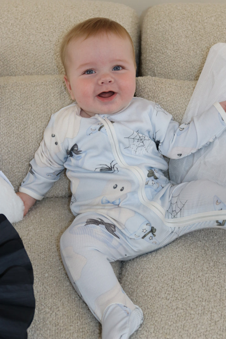 Baby Boy Personalised Blue Halloween Ribbed Modal Babygrow