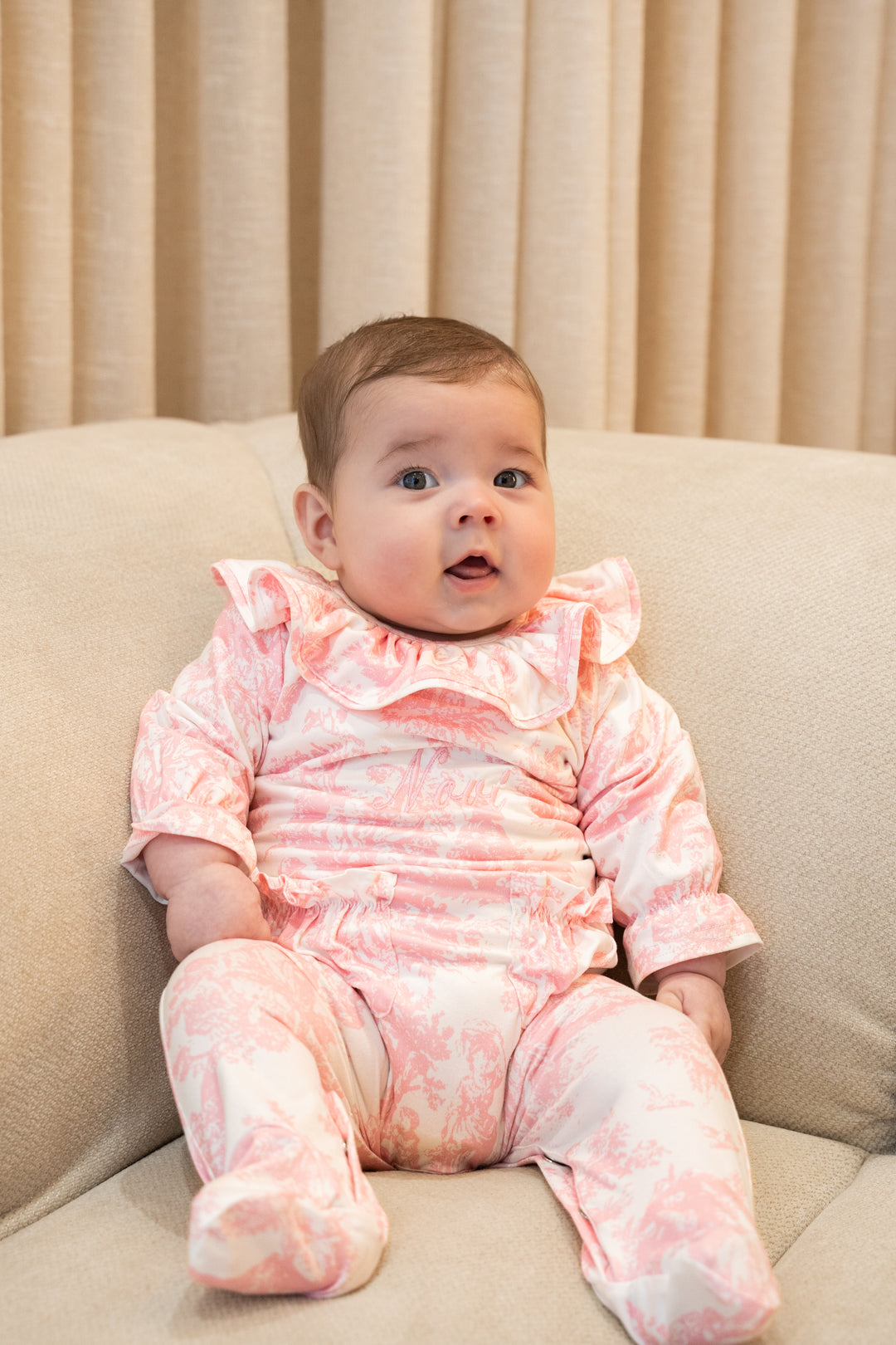 Baby Personalised Pink Toile De Jouy Luxury Jersey Babygrow