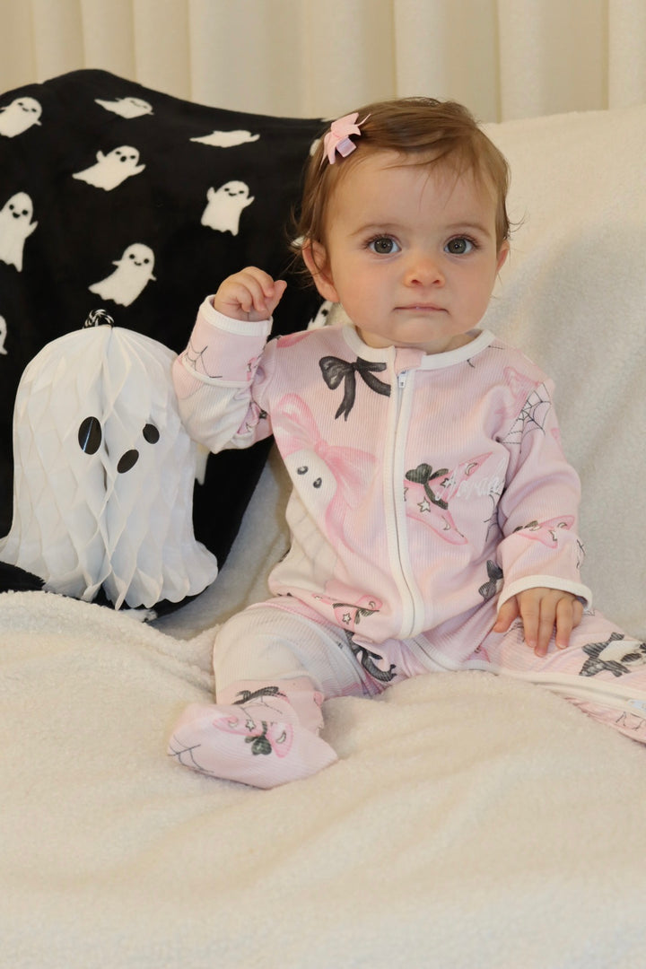 Baby Girl Personalised Pink Halloween Ribbed Modal Babygrow