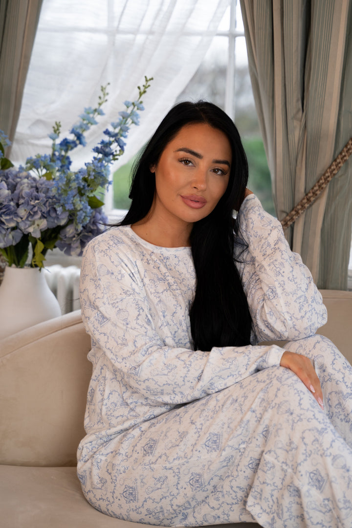 Ladies Blue Personalised Pointelle Pyjama Set