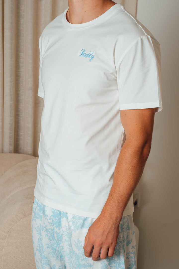 Mens Personalised Blue Toile de Jouy Luxury Jersey Shorts Set