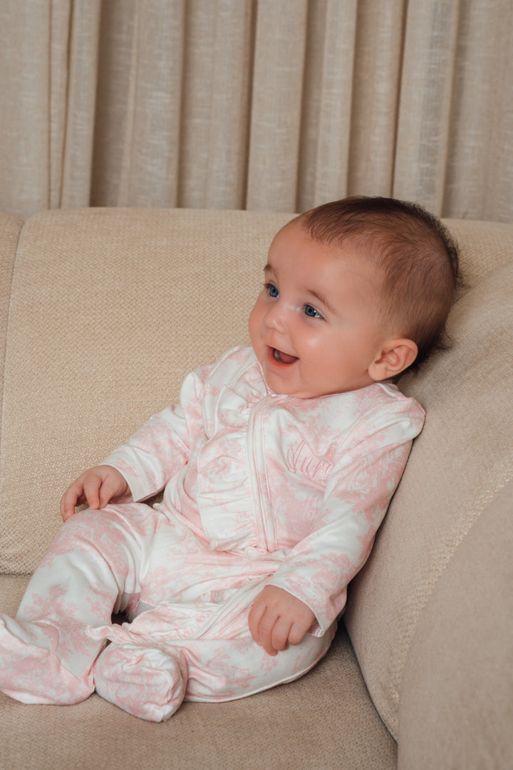 Baby Personalised Pink Toile De Jouy Zip Frill Babygrow