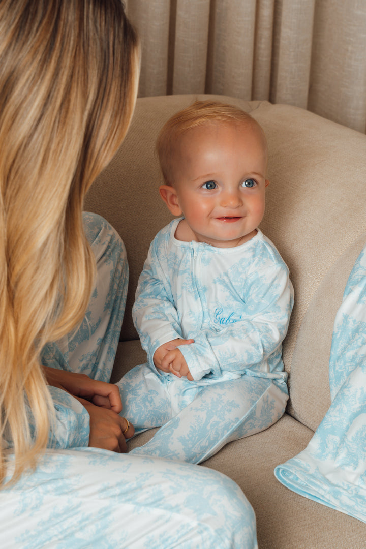 Baby Personalised Blue Toile De Jouy Zip Babygrow
