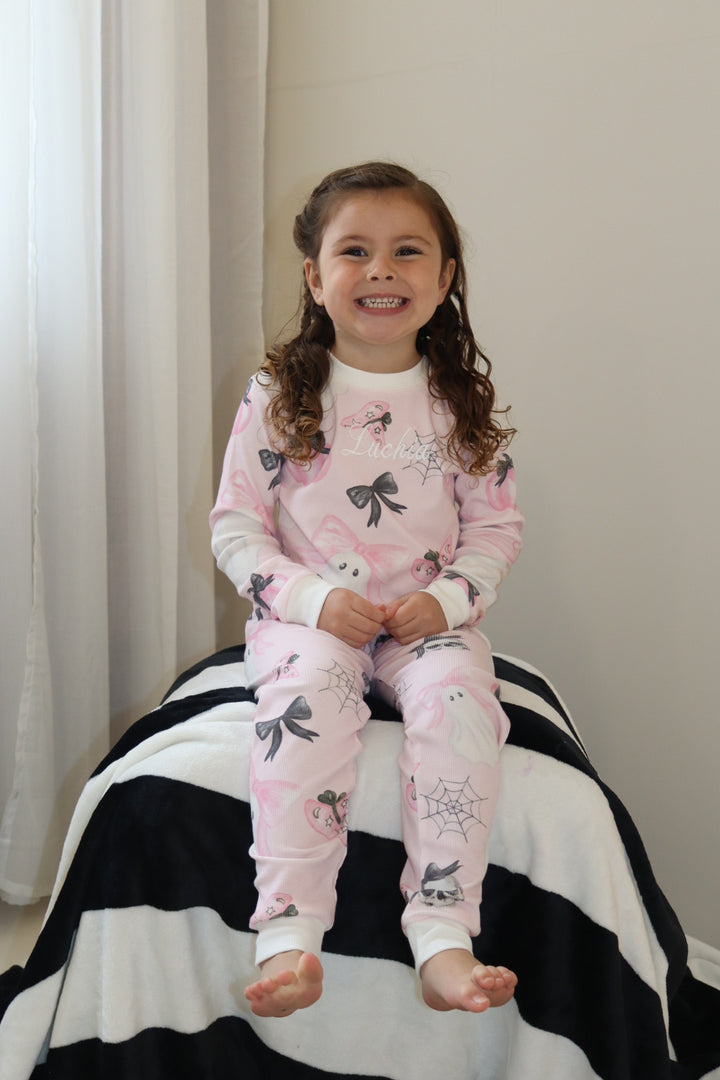 Girls Pink Halloween Ribbed Modal Pyjama set