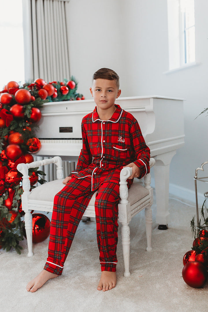 Boys Personalised Red Tartan Luxury Jersey Pants Set
