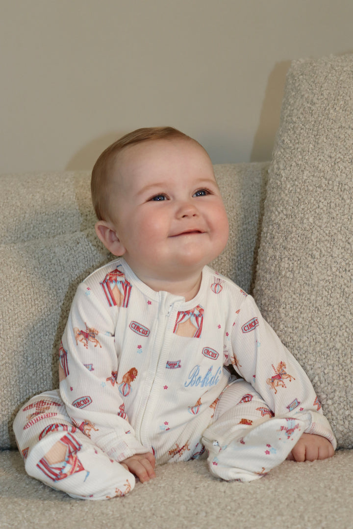 Baby Boy Personalised Blue Circus Luxury Ribbed Modal Babygrow