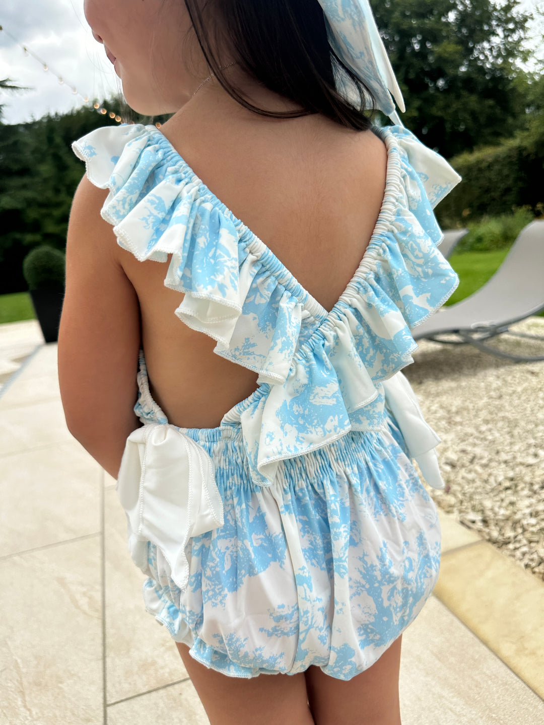 Girls Blue Toile De Jouy Swimsuit