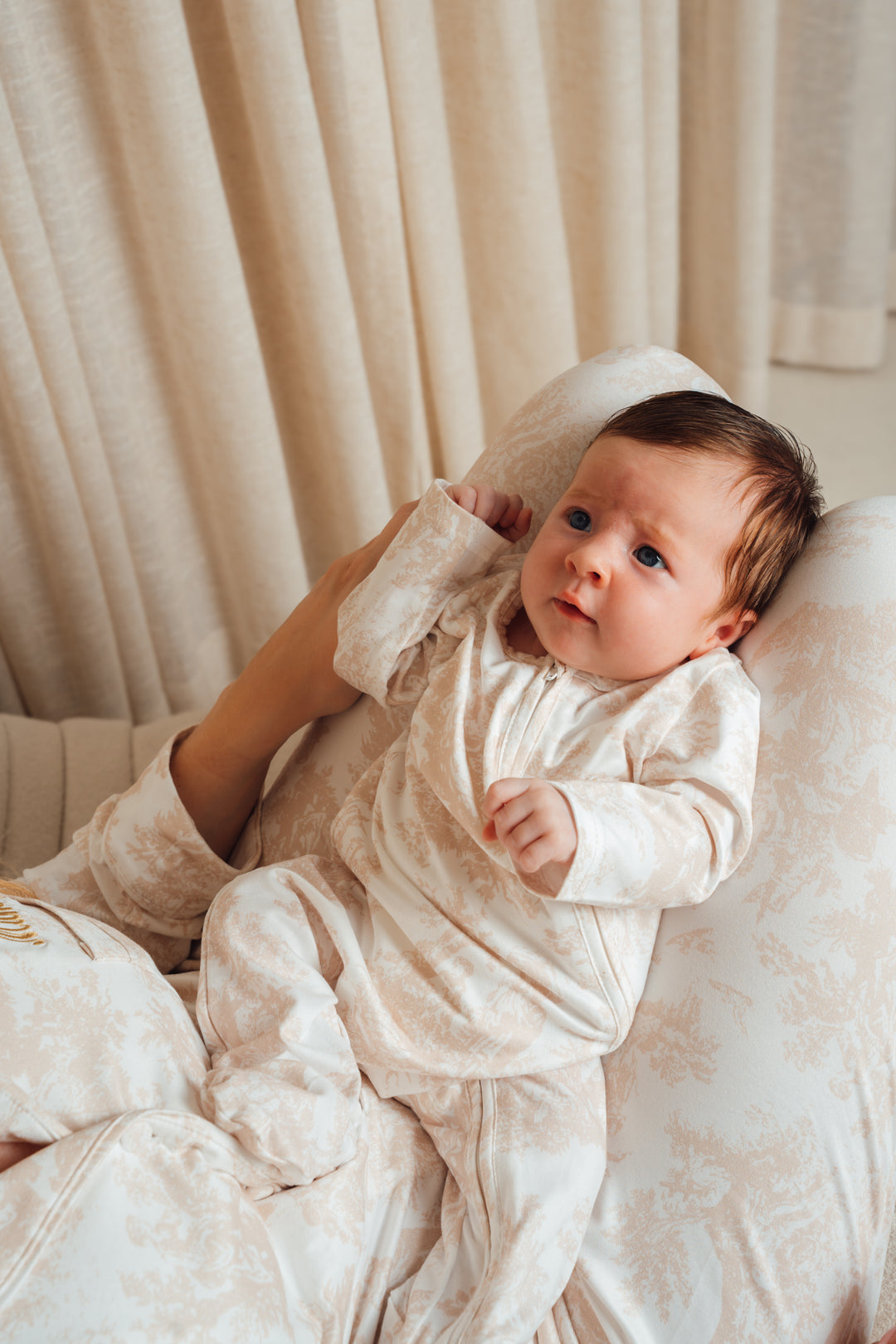 Baby Personalised Neutral Toile De Jouy Zip Babygrow