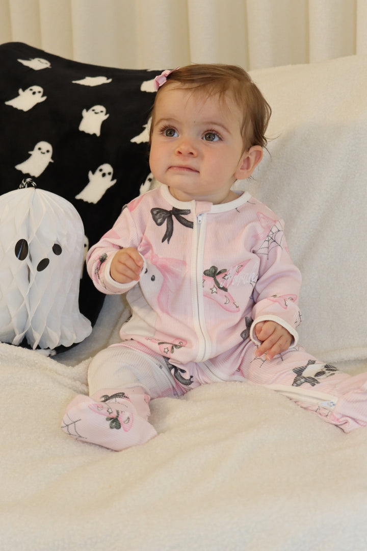 Baby Girl Personalised Pink Halloween Ribbed Modal Babygrow