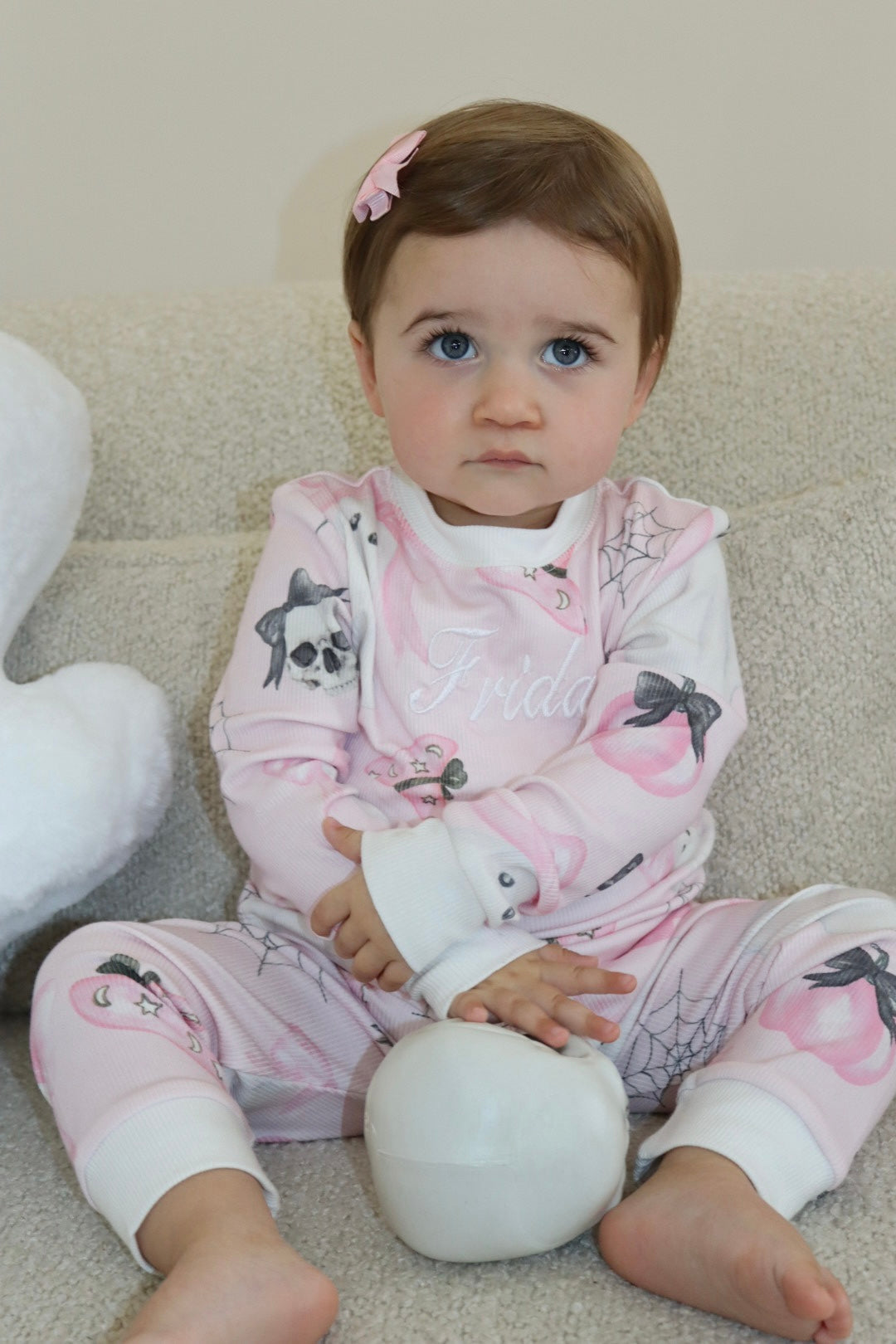 Girls Pink Halloween Ribbed Modal Pyjama set