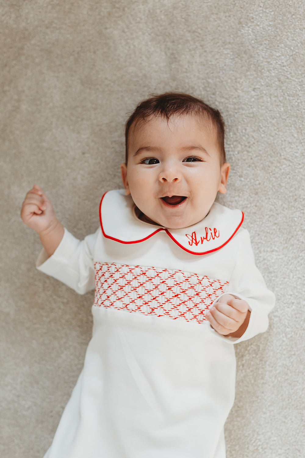 Boys Hand Smocked Cotton Personalised Babygrow - White & Red - 2