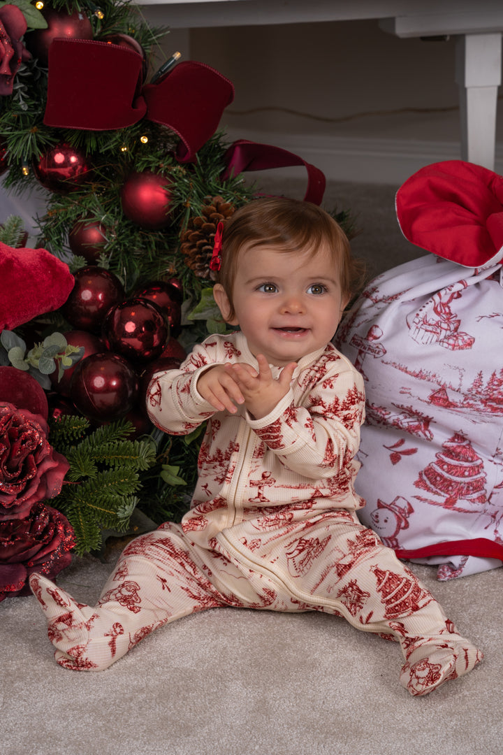 Baby Christmas Red Toile Ribbed Modal Babygrow