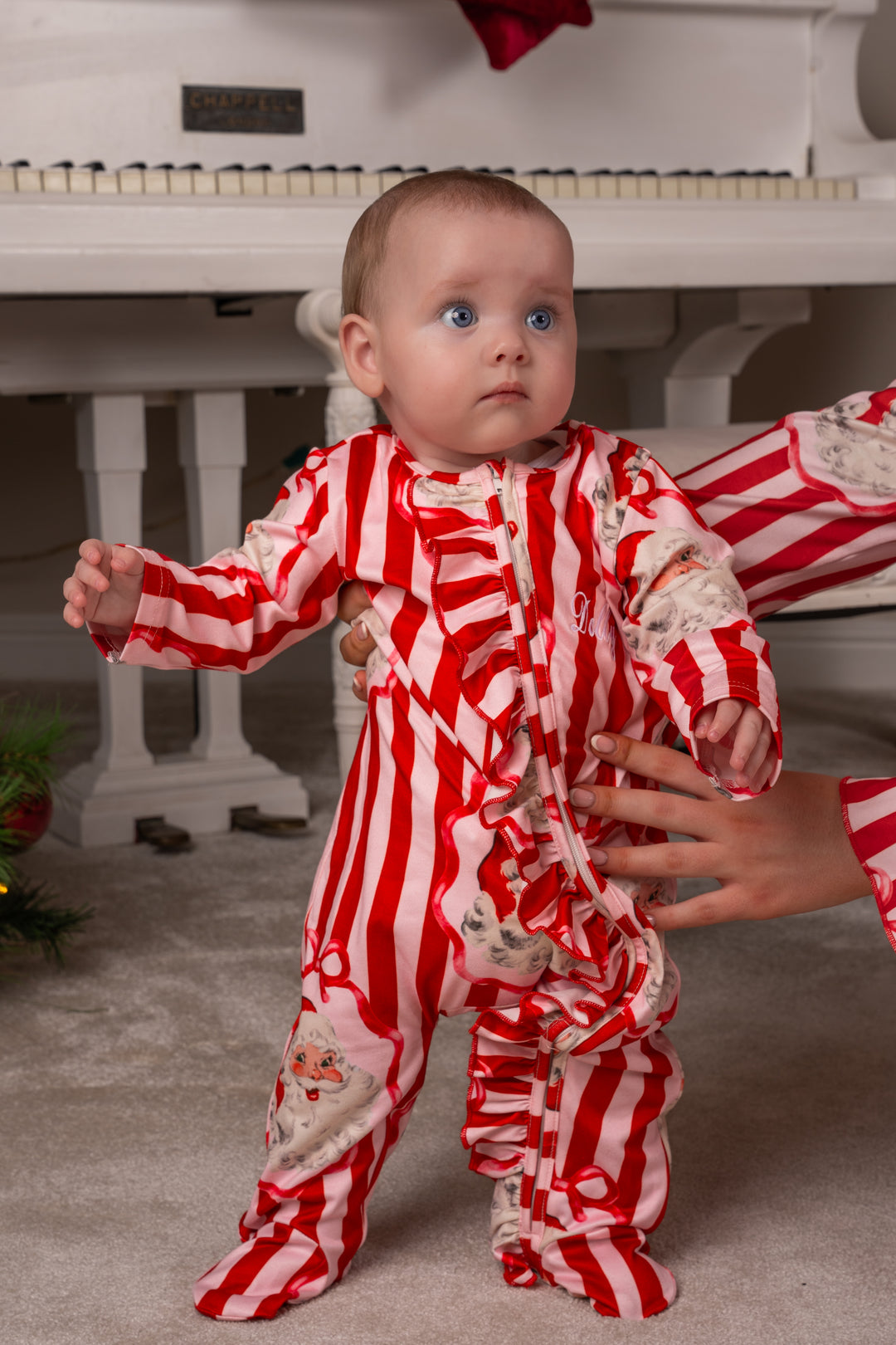 Baby Girl Bow Santa Stripe Jersey Zip Sleepsuit