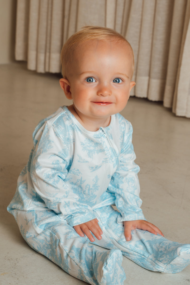 Baby Personalised Blue Toile De Jouy Zip Babygrow