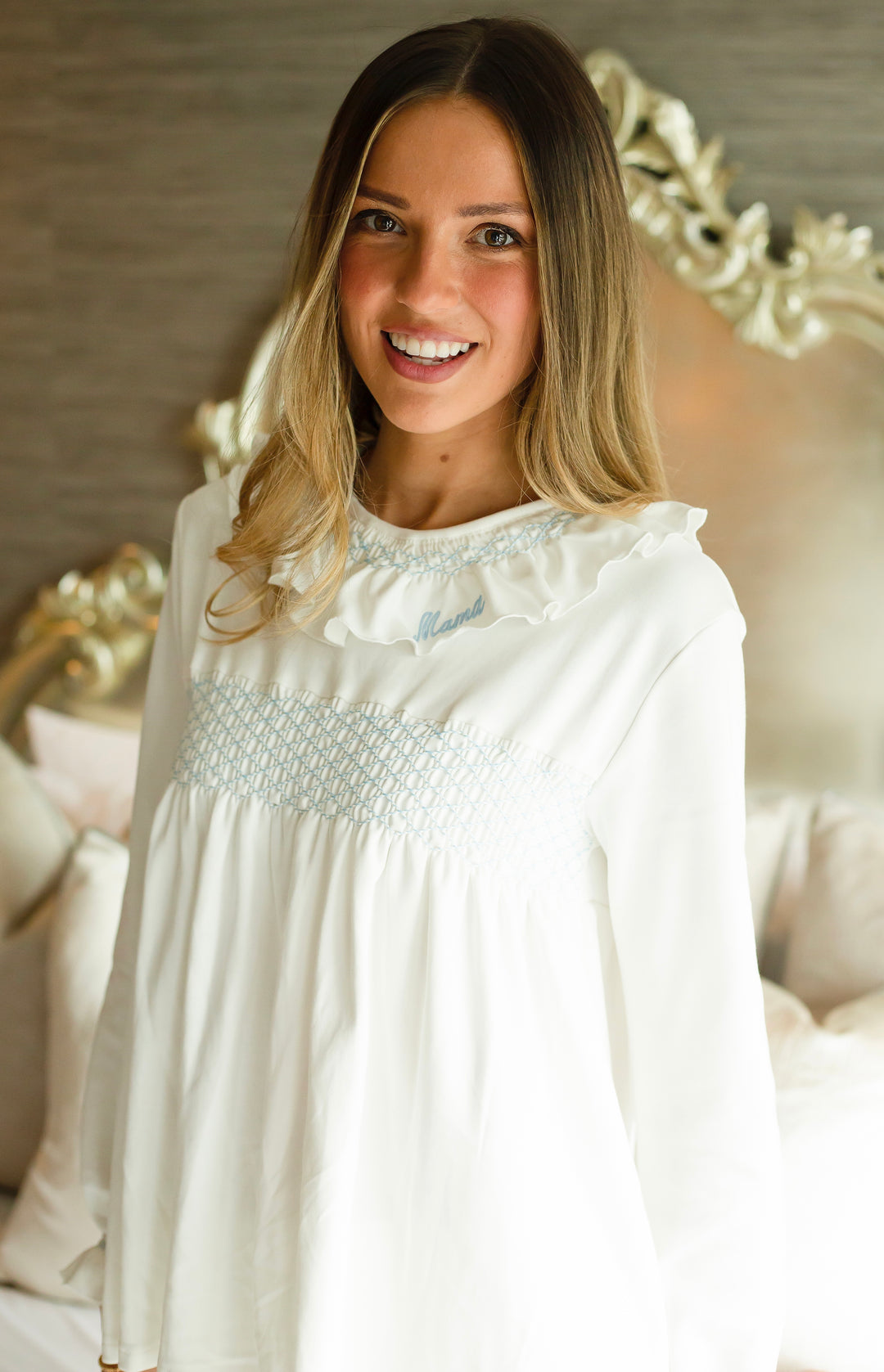 Hand Smocked Cotton Personalised Pyjamas - White & Blue