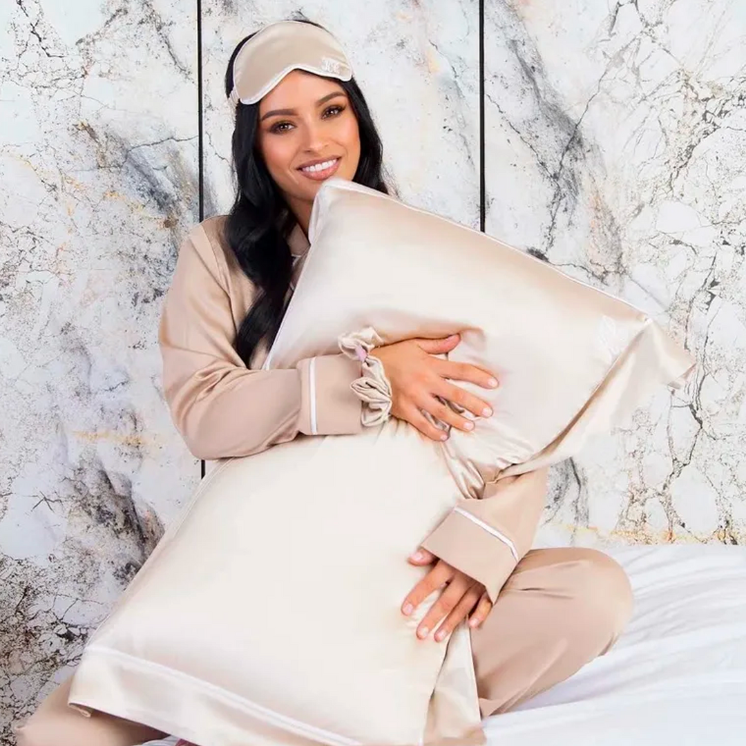 Silk Pillowcase, Eye Mask & Scrunchie Set - Gold with White
