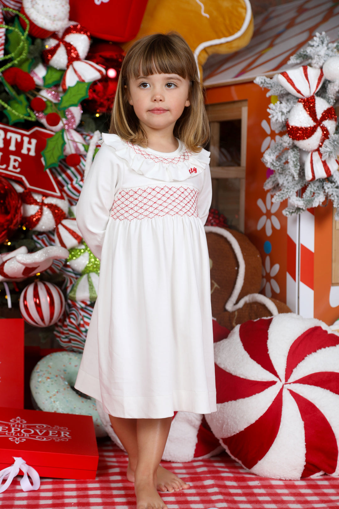 Girls Hand Smocked Cotton Personalised Nightdress - White & Red