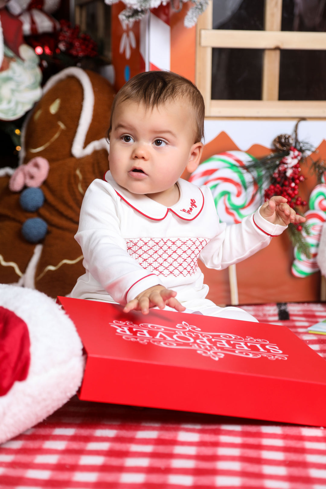 Boys Hand Smocked Cotton Personalised Babygrow - White & Red - 3